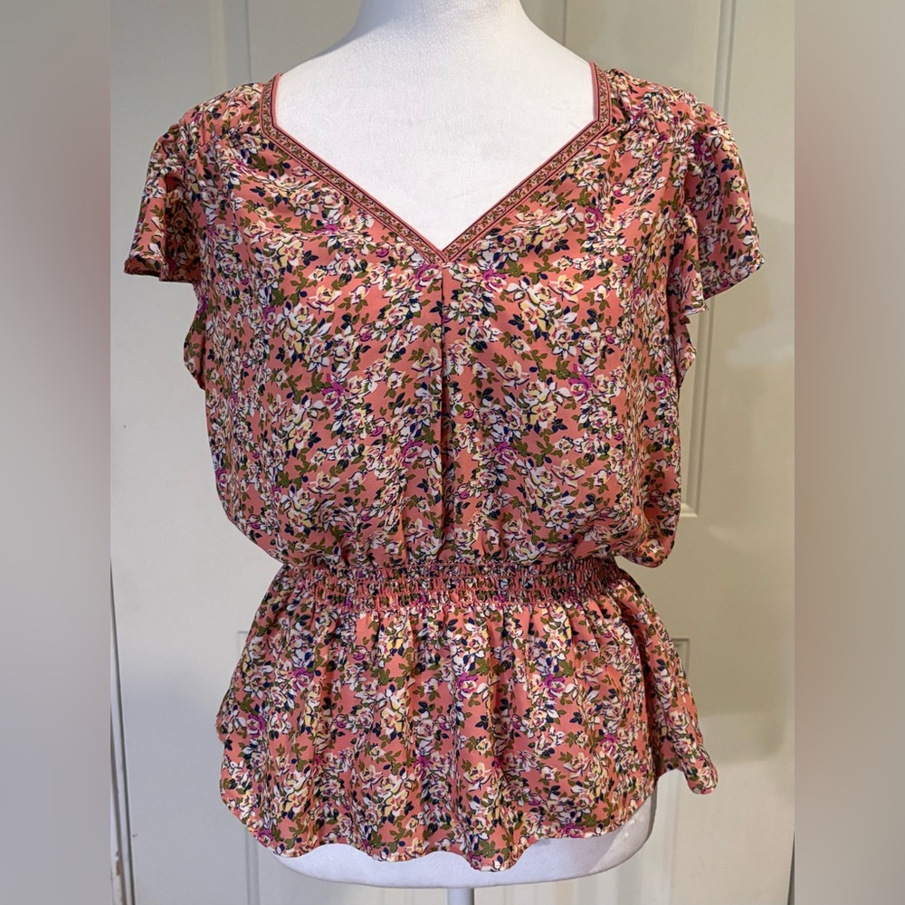Max Studio, Boho Bubble Hem Floral Blouse, Size S